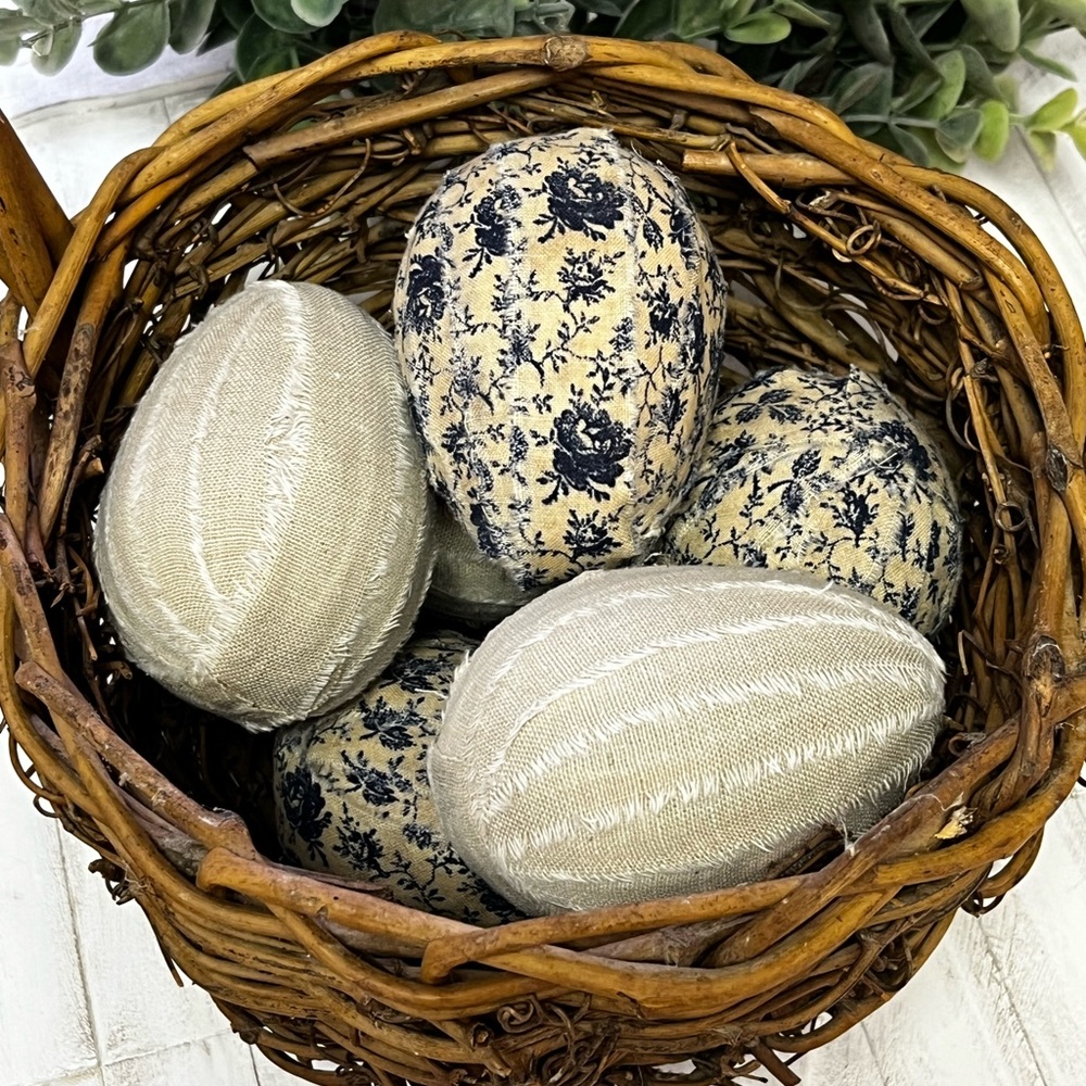 6 large primitive Easter eggs fabric blue floral tan farmhouse decor tier tray - Picture 3 of 10
